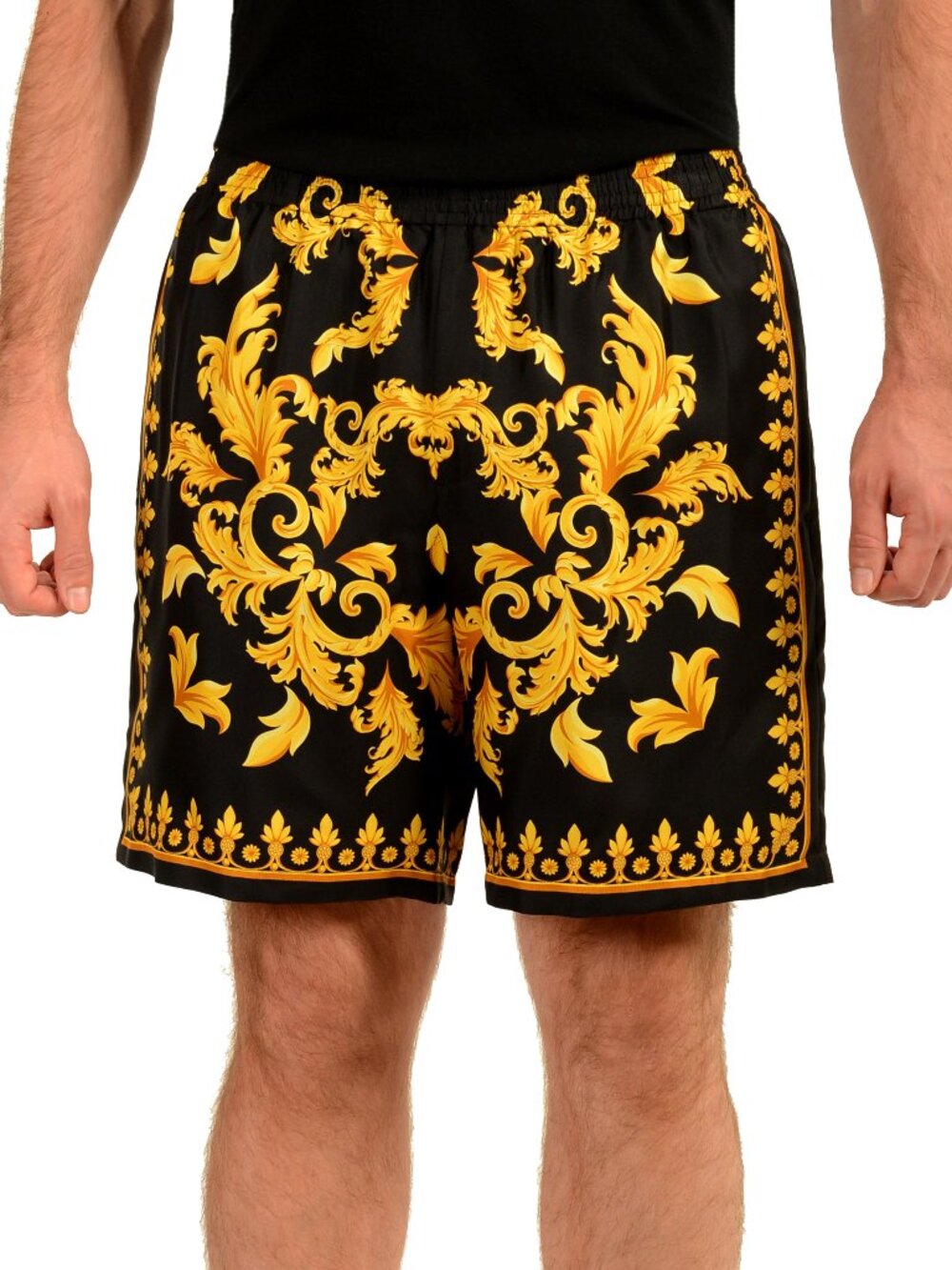 Versace Men's Black & Gold Barocco Print 100% Silk Shorts US XS IT 46